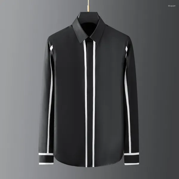 Camisas casuais masculinas de alta qualidade camisa fita splice negócios moda solta preto branco manga longa homens vestido