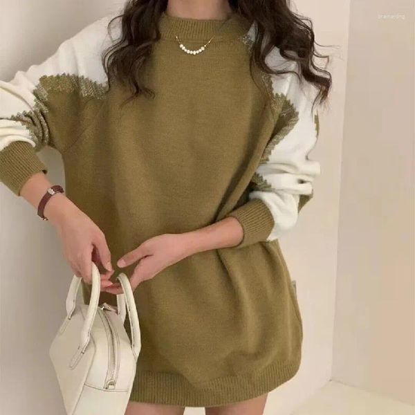 Suéteres femininos hsa coreano 2023 mulheres camisola pulôver contraste cor remendo de malha mangas compridas feminino top outono inverno solto encaixe
