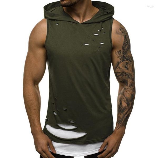 Regatas masculinas 2023 verão homens tanque-top sólido elegante camada dupla rasgado sem mangas colete esportes streetwear moletom com capuz