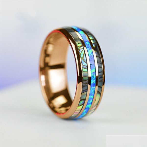 Moda 8mm rosa anel de ouro tungstênio anéis de aço inoxidável inlay abalone concha azul opala homens jóias de casamento entrega direta dhgarden othan