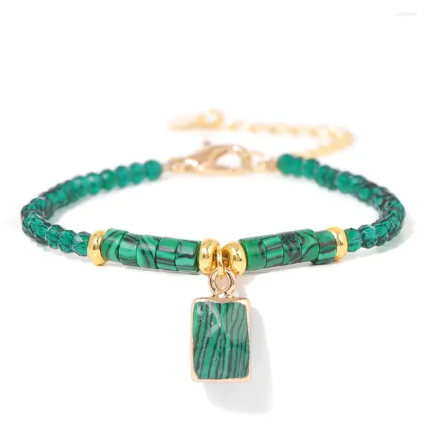 Link pulseiras moda malaquita frisada para mulheres homens quadrados gota de água forma pingente pulseira pérola corda ajustável jóias de cristal