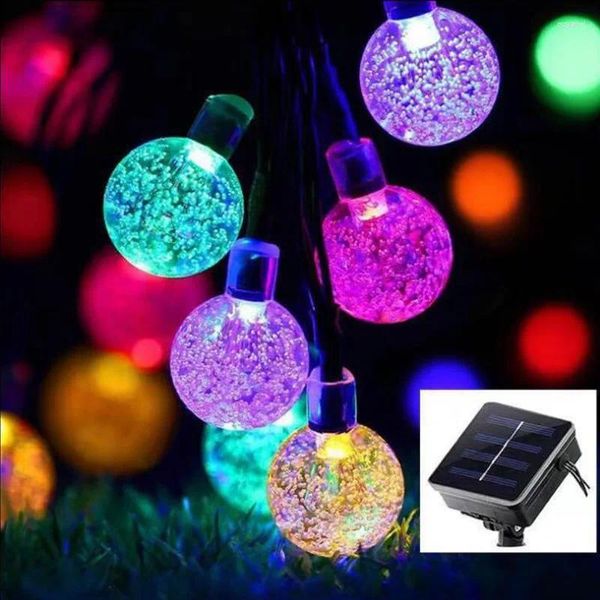 Cordas LED Luz Solar Bola de Cristal 6.5M / 7M / 12M / Luzes de Cordas Guirlandas de Fadas para Festa de Natal Decoração ao Ar Livre