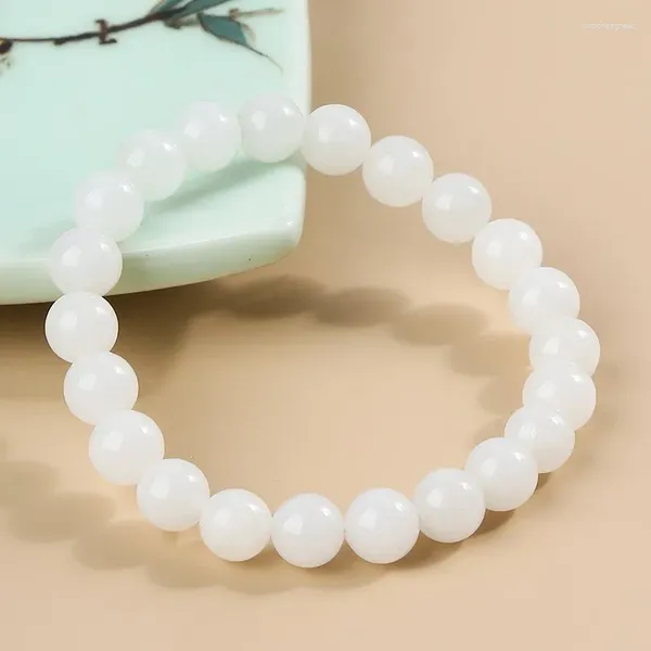 Strand jd natural branco hetian jade grânulo pulseira feminino elegante mão corda nephrite material pulseiras redondas presente