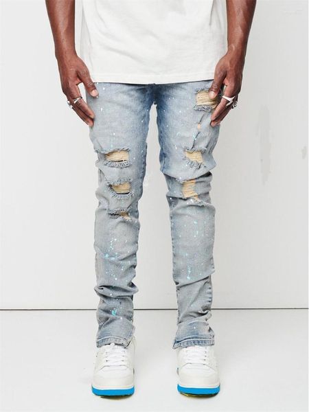 Calças de brim masculinas lado fenda zíper pintura masculina fino ajuste algodão rasgado denim calças high street moda joelho abrasão luz azul jean