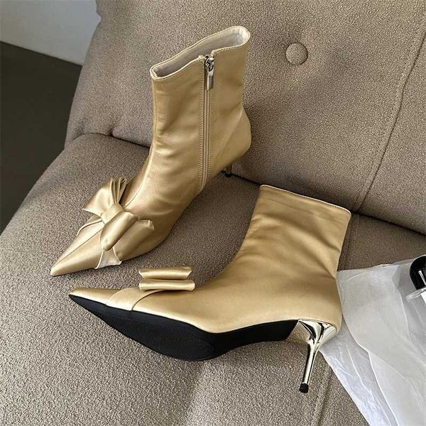 Zipper Dünne Low Heels Seide Frauen Stiefeletten Mode Schmetterling-knoten Spitz Schuhe Frühling Herbst Sexy Damen Pumpen 230922