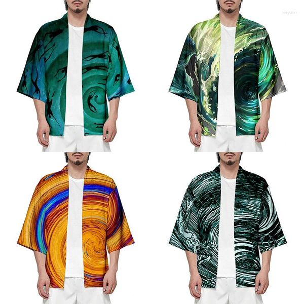 Abbigliamento etnico Costume vortice tridimensionale Stampa 3D Camicia kimono Uomo Maniche a sette punti Top Giacche cardigan casual casual quotidiane