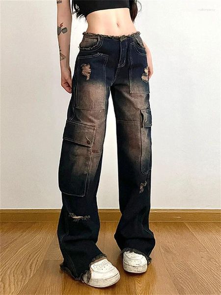 Jeans da donna 2023 Scuro Y2k Streetwear Vintage lavato Cargo Gotico Strappato Baggy Donna Pantaloni in denim Grunge Vita bassa Casual Tasca Pantaloni