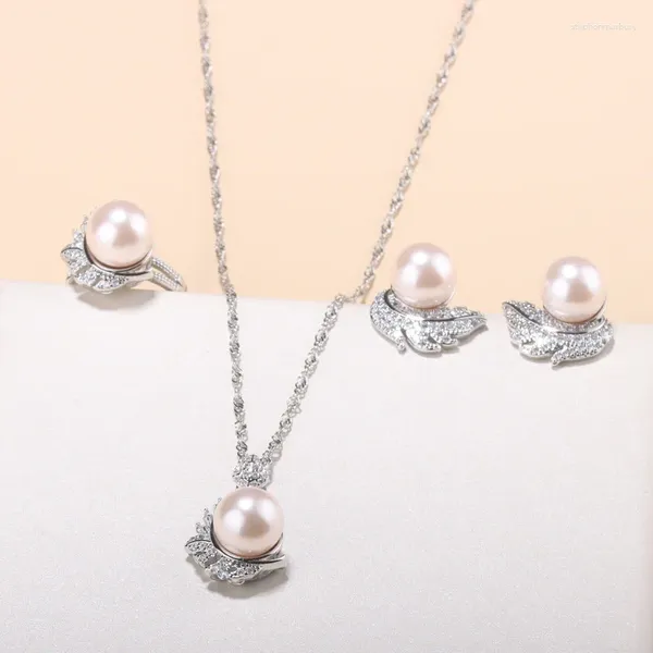 Set di orecchini con collana, abito da sposa con perle naturali di qualità di lusso, abito da sposa per donna e set da 4 pezzi con misura dell'anello regolabile
