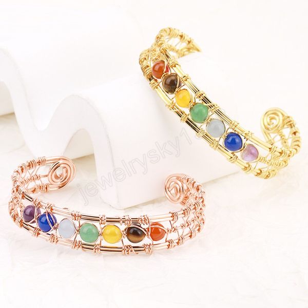 Bracciale in pietra naturale 7 Chakra Bracciale color oro avvolto in rame Bracciale aperto con polsino aperto Braccialetti energetici per uomo Donna Gioielli