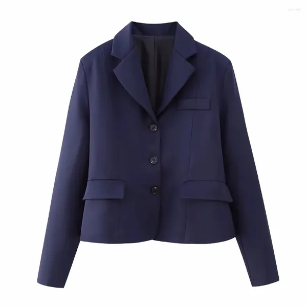 Damenanzüge, Damenmode, Marineblau, Wollmischung, maßgeschneiderter Blazer, Jacke, 2023, lange Ärmel, Pattentaschen, Brustleistenmäntel