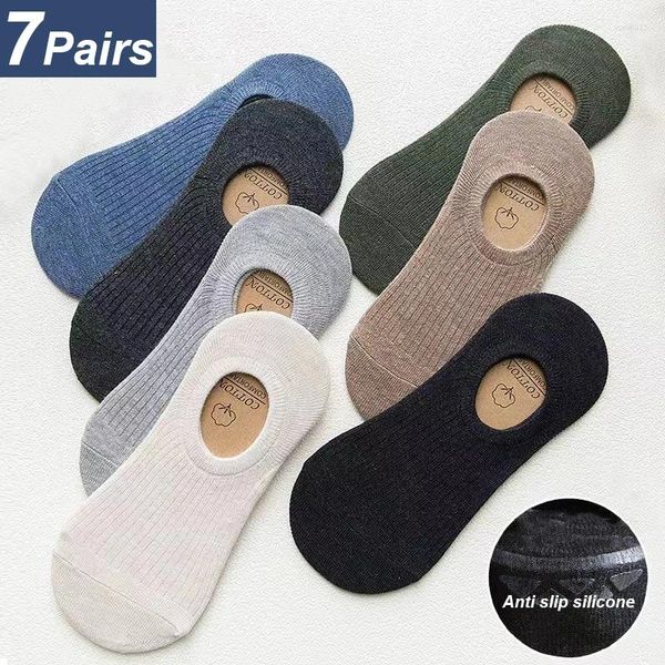 Meias masculinas 14 peças 7 pares/pacote homens conjunto invisível algodão antiderrapante silicone primavera verão cor sólida negócios baixos chinelos