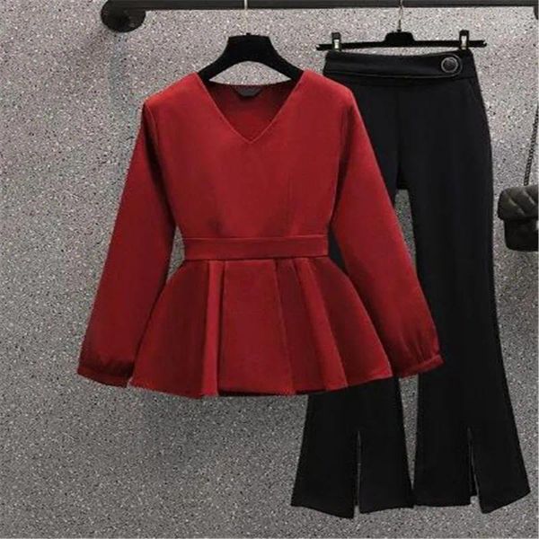 Kadınlar iki parçalı pantolon yaz zarif seti kırmızı şifon ceket siyah geniş bacak iki parçalı rahat spor takım elbise kadın eşofman