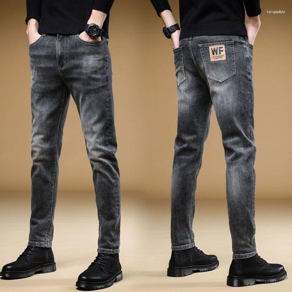 Мужские джинсы, поступление 2023 года, модный модный дизайн, роскошные мужские корейские серые, черные, облегающие потертые уличные повседневные джинсовые брюки-карго