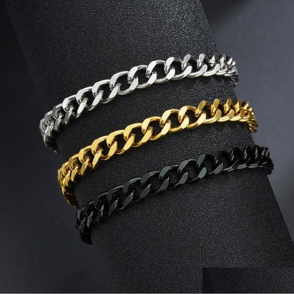 Catena Trendy 3/5/7Mm Larghezza Collegamento cubano Coppia Bracciale Hip Hop in acciaio inossidabile al titanio Bracciali da donna da uomo a portata di mano Gioielli Goth Drop Dhrnf