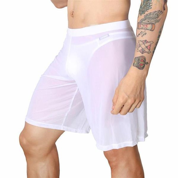 Cuecas boxer shorts homens roupa interior sexy malha sleep bottoms pijama longo gay sissy transparente calcinha bonito u bolsa white186i