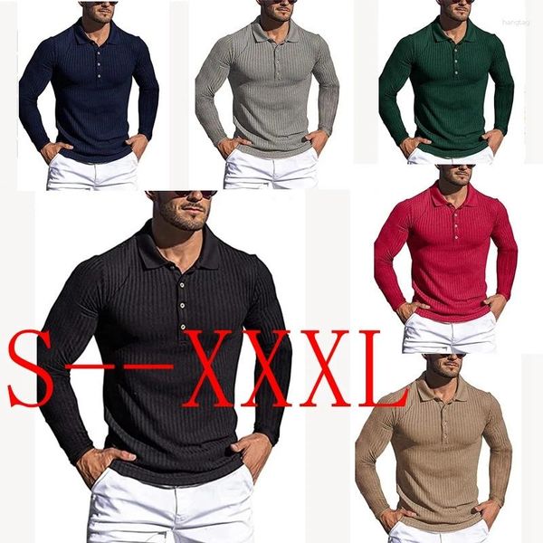 Herren-T-Shirts, langärmelig, Sport-Polo, modisch, gestrickt, dehnbar, atmungsaktiv, Revers, Fitness-T-Shirt, Herren, gestreift, europäische amerikanische Größe