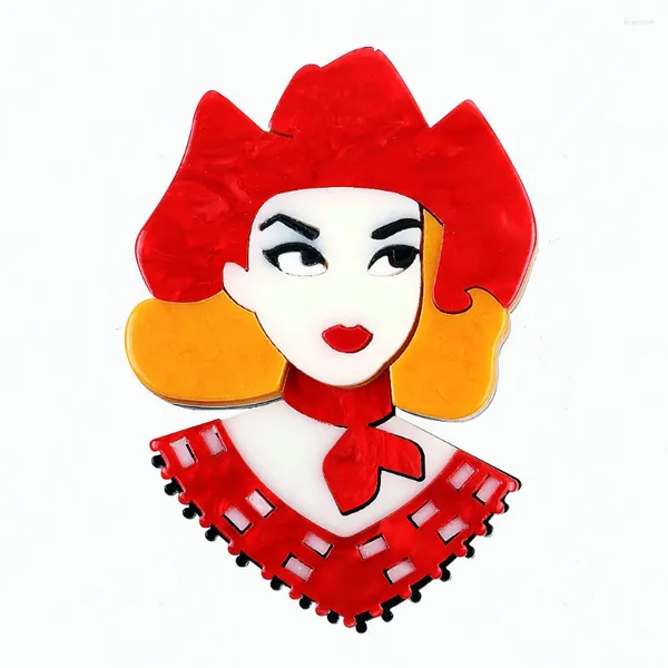 Broches vermelho cowgirl acrílico para mulheres vintage dos desenhos animados senhora figura broche pinos moda jóias cutsome acessórios