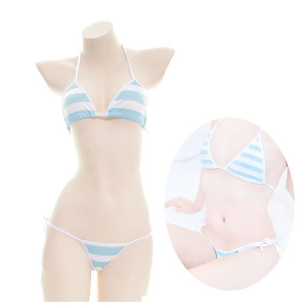 Sexy kawaii Lingerie Donna Stripe Set Reggiseno T-back G-String Mutandine Archi Cravatta Bikini Cute Anime cosplay Loli school girl Shimapan275s