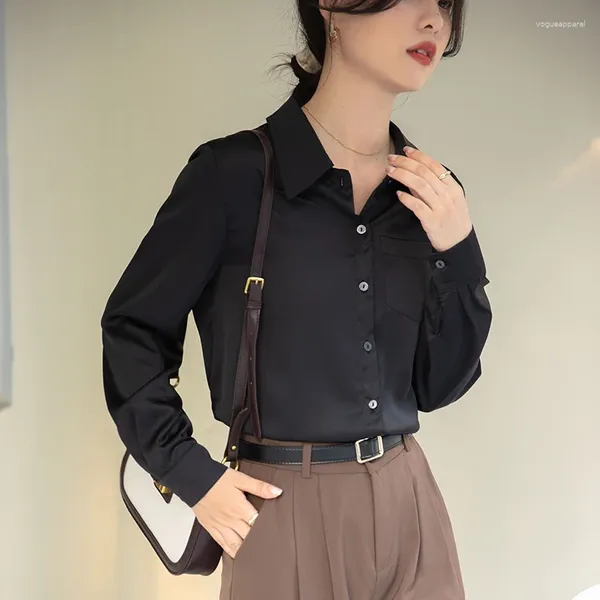 Blusas femininas estilo francês preto vintage camisa feminina casual cor sólida escritório senhora manga longa temperamento de peito único all-match