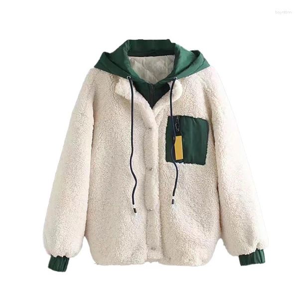 Feminino para baixo pele de cordeiro lã costura jaqueta com zíper hoodie grosso quente namorado moda rua com capuz polar casaco casual