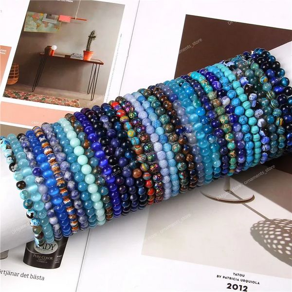 Pulseira azul de 6mm para mulheres, homens, pedra natural, pulseira reiki, corda elástica, sodalita, apatita, gato, olho de tigre, joias, joias da moda, pulseiras, joias