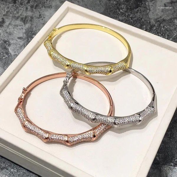 Bracciale rigido europeo e americano con mezzo anello e bracciale a maglie in bambù con zirconi