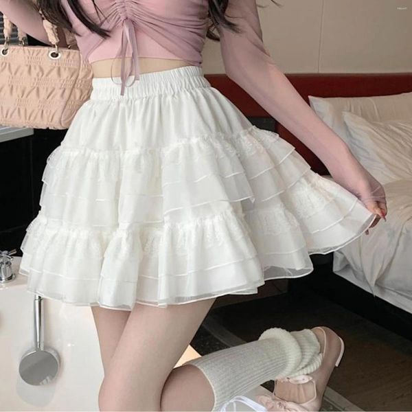 Shorts feminino bonito renda guarnição em camadas saias babados casual cor branca cintura alta embutido linha a lolita vestido curto menina