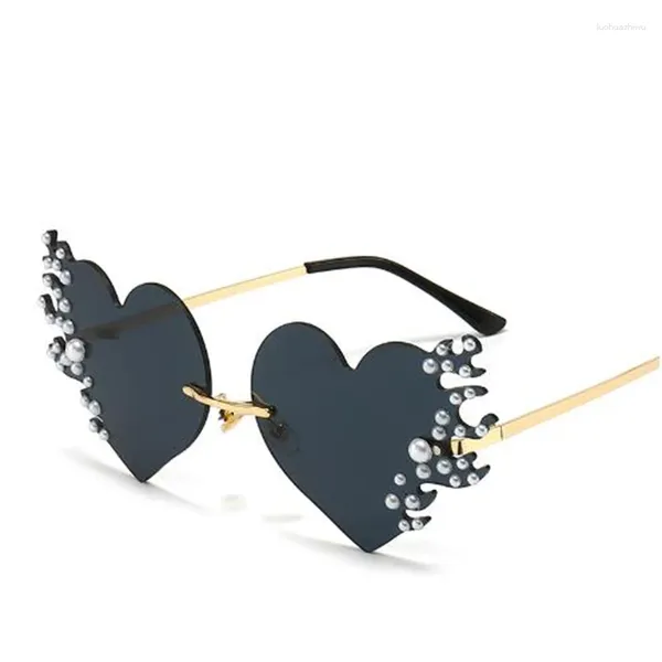 Óculos de sol moda feminina sem aro coração chama forma pérola luxo gradiente óculos de sol novidade metal quadro óculos eyewear