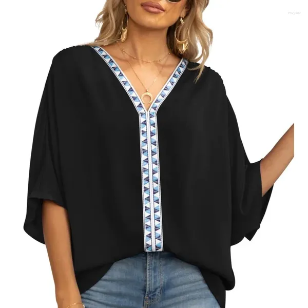 Blusas femininas 2024 primavera/verão confortável e casual manga morcego chiffon cor sólida emendado com decote em v camisa curta