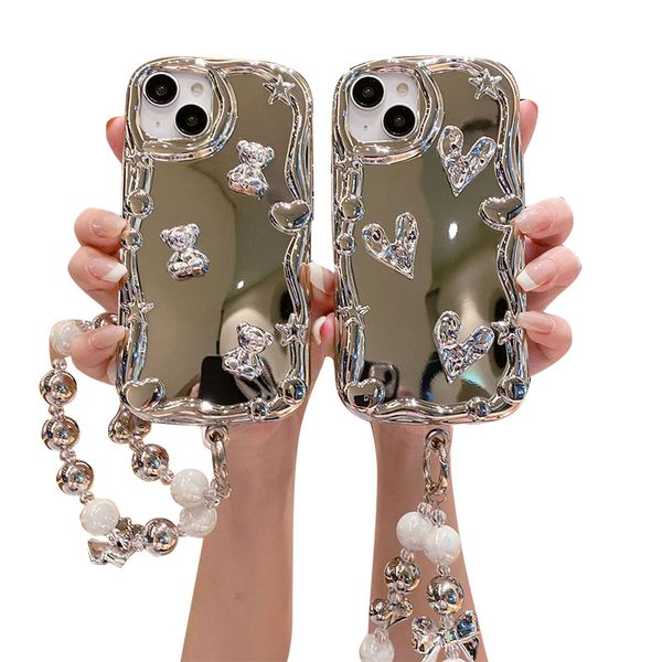 Galvaniserende spiegel Apple telefoonhoesjes voor iPhone 15 14 Plus 13 12Pro Max Volledige beschermhoes Esthetische liefdesarmband Schokbestendig zacht hoesje Polsband Ketting Retail