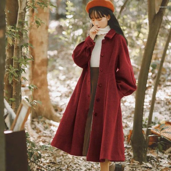 Giacche da donna Cappotto di lana vintage francese per donna Cappotti rossi Coreano monopetto Moda Cappotto casual Lady Retro di media lunghezza