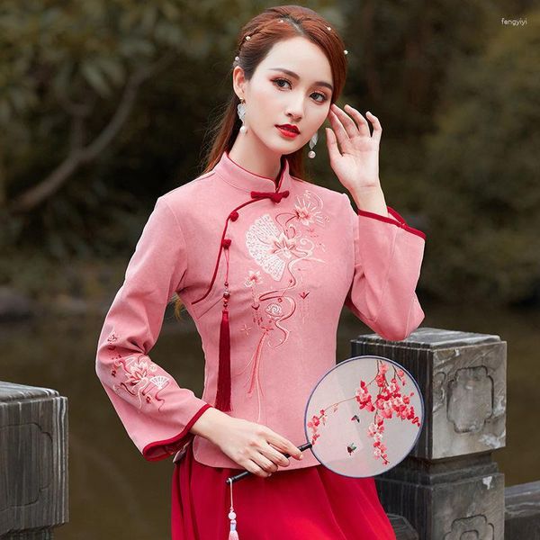 Ethnische Kleidung Cheongsam Frauen Plus Size Tops 2023 Herbst Baumwollsticker Spleißstand Halsband Langarm chinesische Stil Qipao -Shirts W.