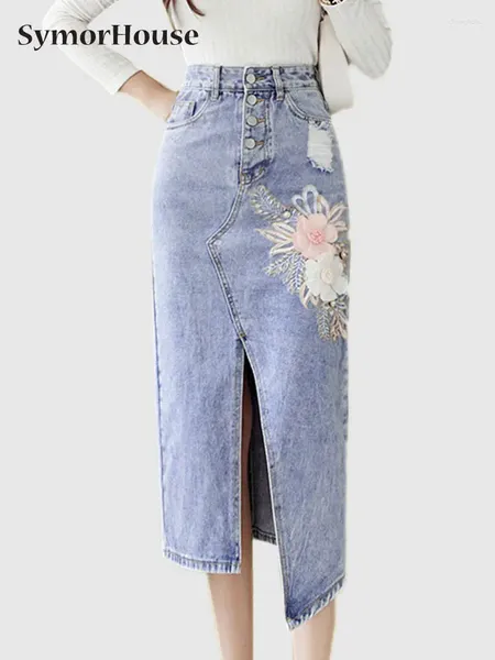 Saias Primavera Verão Outono Denim Mulheres Cintura Alta Floral Bordado Split Wrap -Hips Jeans Saia Faldas Jupe