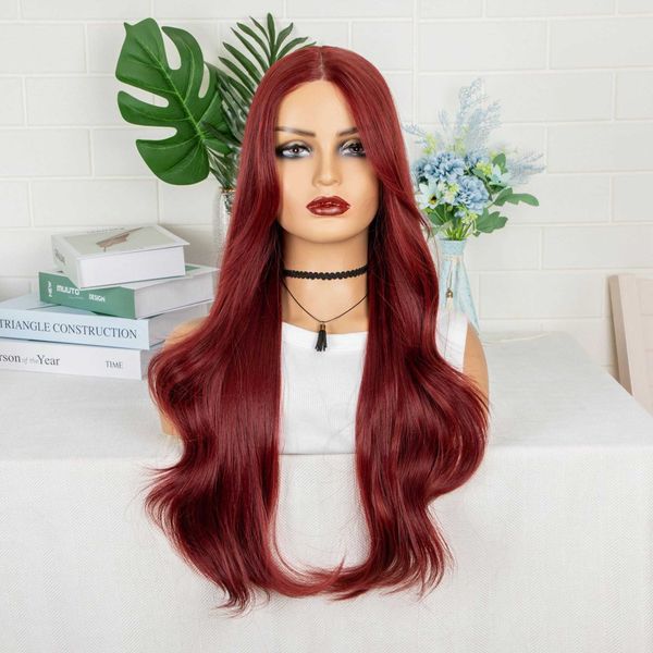 rendendo perucas sintéticas peruca de renda para mulheres com cabelo longo encaracolado vermelho vinho médio e grandes cachos ondulados