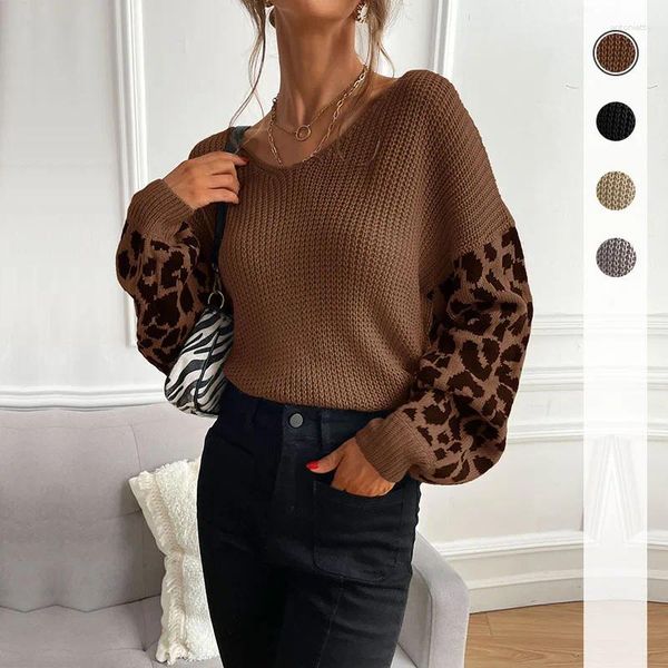 Damenpullover Herbst Naher Osten Damen dünner Rundhals-Strickpullover Leopardenpullover Damen Blusa De Frio Feminina Damenpullover