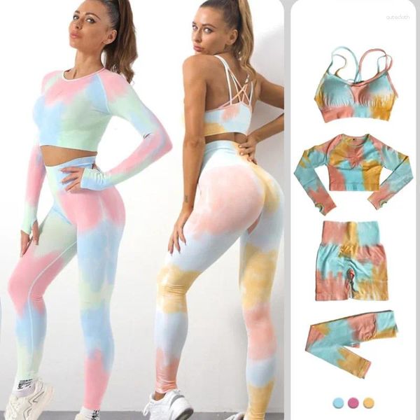 Set attivi Tie Dye Set da palestra Reggiseno sportivo da donna Push Up Leggings fitness Tuta Manica lunga Crop Top Pantaloncini da allenamento Abbigliamento sportivo