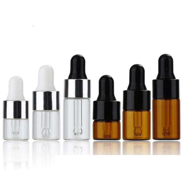 Mini flacone contagocce in vetro da 1 ml 2 ml 3 ml Bottiglie campione in vetro ambrato trasparente con tappo in argento nero per profumo cosmetico E liquido