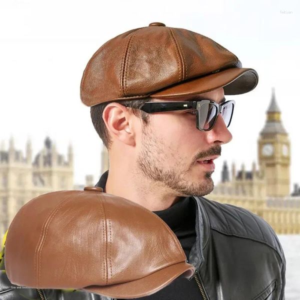 Berets Baskenmütze Malerhut Herren Mann Frühling Leder Herbst Outdoor Retro Achteckige Flache PU Sboy Britische Gorras Caps Freizeitkappe