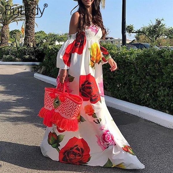 Baskı büyük kırmızı çiçek çiçek uzun kat uzunluk maxi elbise kadınlar seksi askısız yaz plaj elbisesi boho bohemian sundress195l