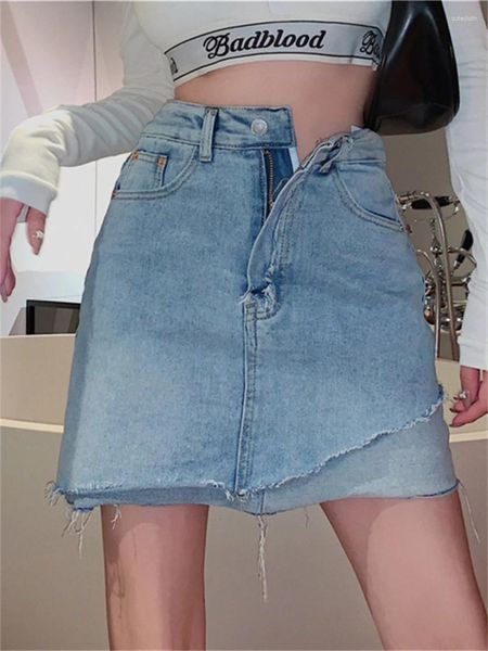 Röcke Plamtee 2023 Sommer A-Line Mini Women Chic High-Taille-Nachtclub-Büro Lady Slim Denim Slim-Fit Jeanswear Party