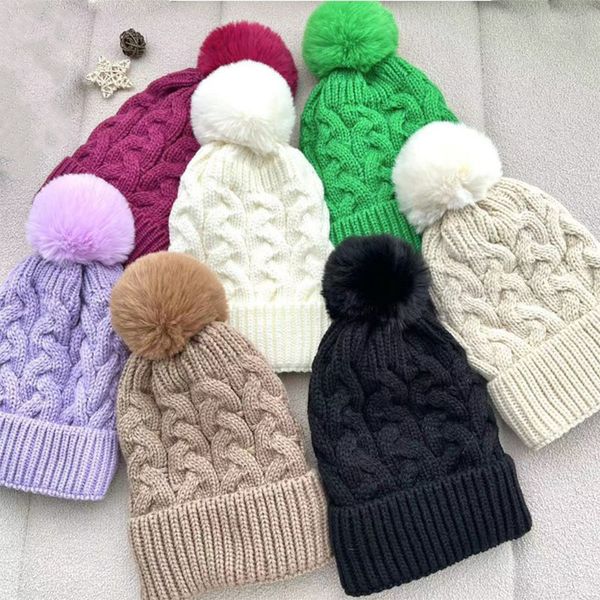 Gorro de punto trenzado de invierno de color caramelo, gorro de lana a juego de color sólido para mujer, sombrero de invierno