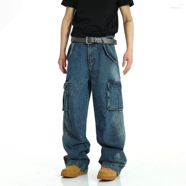 Jeans masculinos homens baggy calças de carga oversized hip hop denim calças soltas ajuste workwear cowboy bottoms com grandes bolsos altos
