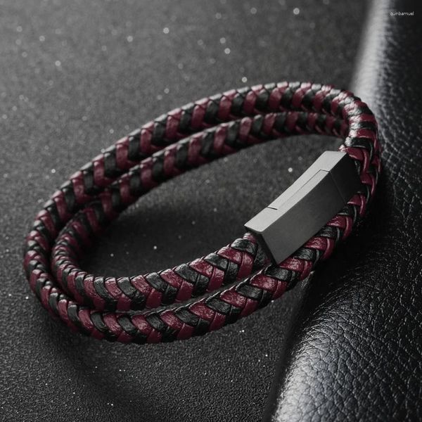 Charme pulseiras masculinas de couro genuíno tecido pulseira jóias atacado pulseira de aço inoxidável fivela magnética acessório mão anel