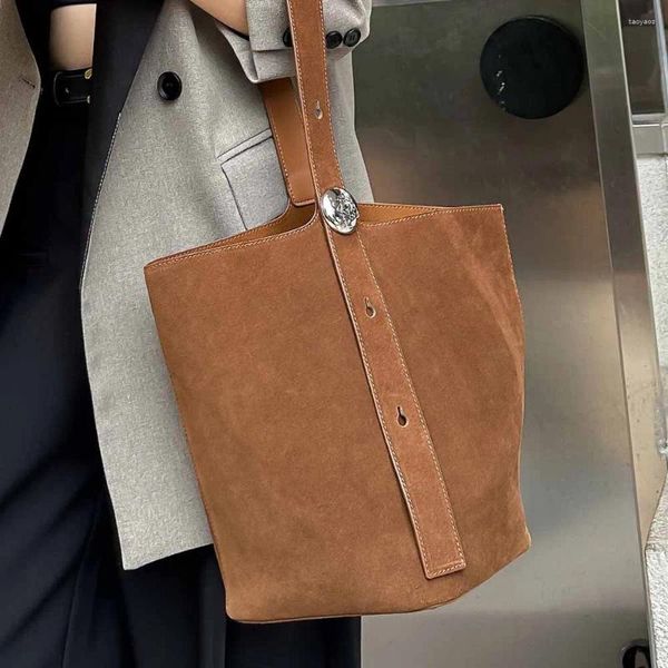 Abendtaschen MS Weiches Leder Frau Luxus Wildleder Tasche Großer Eimer Herbst Rindsleder Schulter Handtasche Kausal Tote Braun 2023