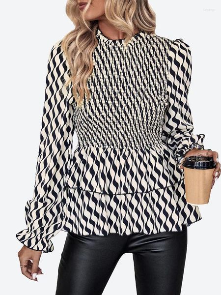 Kadın bluzları Benuynffy Dalga Baskı Anahtar Deliği Geri Kilitleme Üstleri Kadın Moda 2023 Sonbahar Stand Uzun Kollu Yüksek Sokak İş Peplum Bluz Üstü
