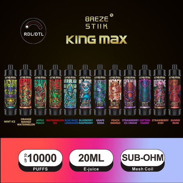 Sigarette originali BREZE STIIK Kingmax DTL Vape 10000 sbuffi per smaltimento con flusso d'aria regolabile 1% 2% Type-C 850mAh Batteria Vape monouso