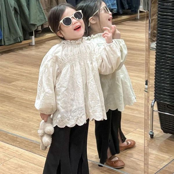 Kleidungssets 2023 Herbst Baby Mädchen Boutique Outfits Kinder Beige bestickte Baumwolle Leinen Langarmbluse und ausgestellte Hosen 2 Stück