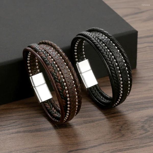 Link Armbänder SGMAN Trendy Geflochtenes Lederarmband Für Männer Punk Hip Hop Stil Armreifen Edelstahl Magnet Schnalle Seil Handgefertigt