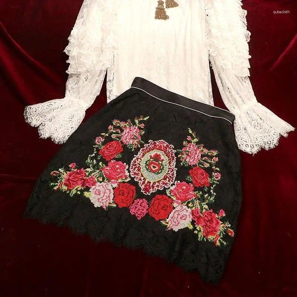 Röcke Vintage Fashion Floral Rose Stickerei Spitze Schwarz Mini Frauen Hohe Taille A-Linie Rock Tunika Dame Herbst Markenkleidung