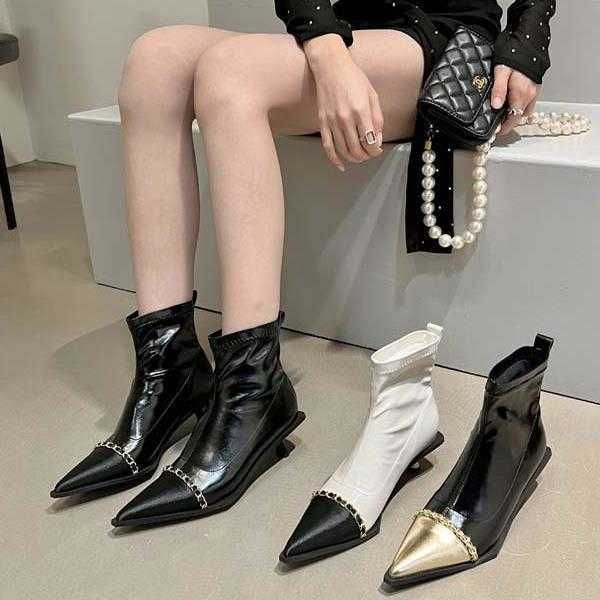 2023 Yeni Ağ Kırmızı Saçlı İnce Kısa Botlar Metal Zincir Chelsea Boots Kokulu Yüksek Topuk Martin Boots Kadın Ayakkabıları 231028